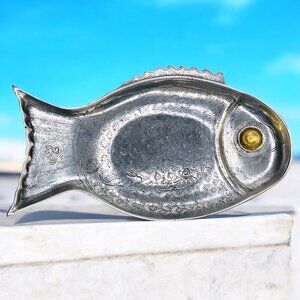 RARE Vtg 70s Arthur Court Gold Eye Fish Aluminum Plate Platter Tray 12" Mexico